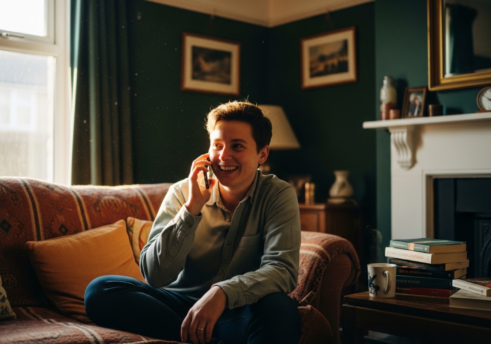 A warm afternoon at home, phone to ear
