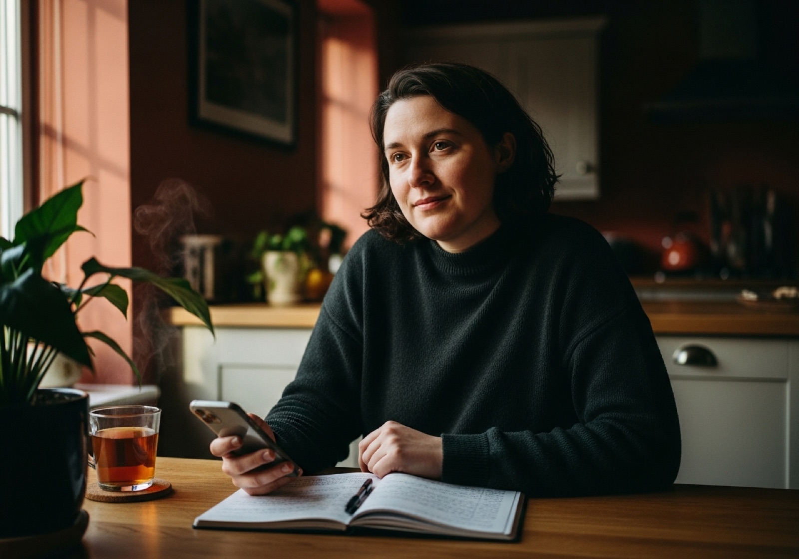 A person at a kitchen table, phone in hand, notebook open