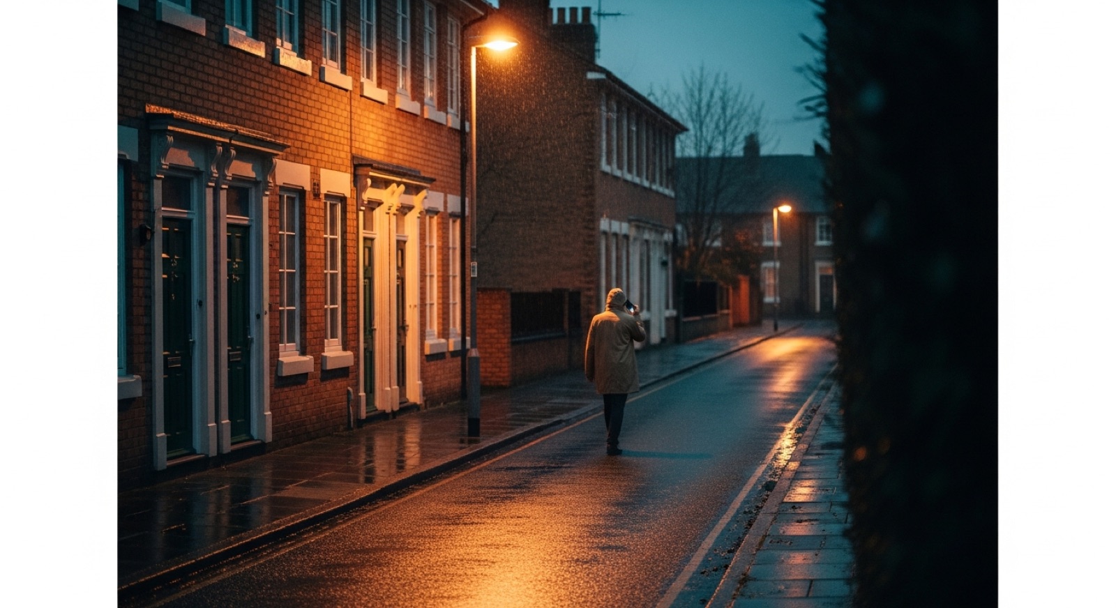 Someone walking home along a rainy terraced street at dusk, phone to their ear under a warm streetlight